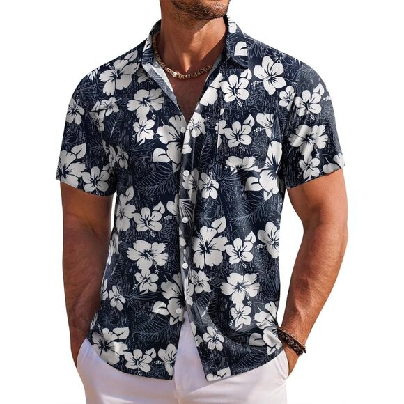 Men's Navy Hawaiian Shirt Short Sleeve Button Down Shirts Tropical Beach Shirt